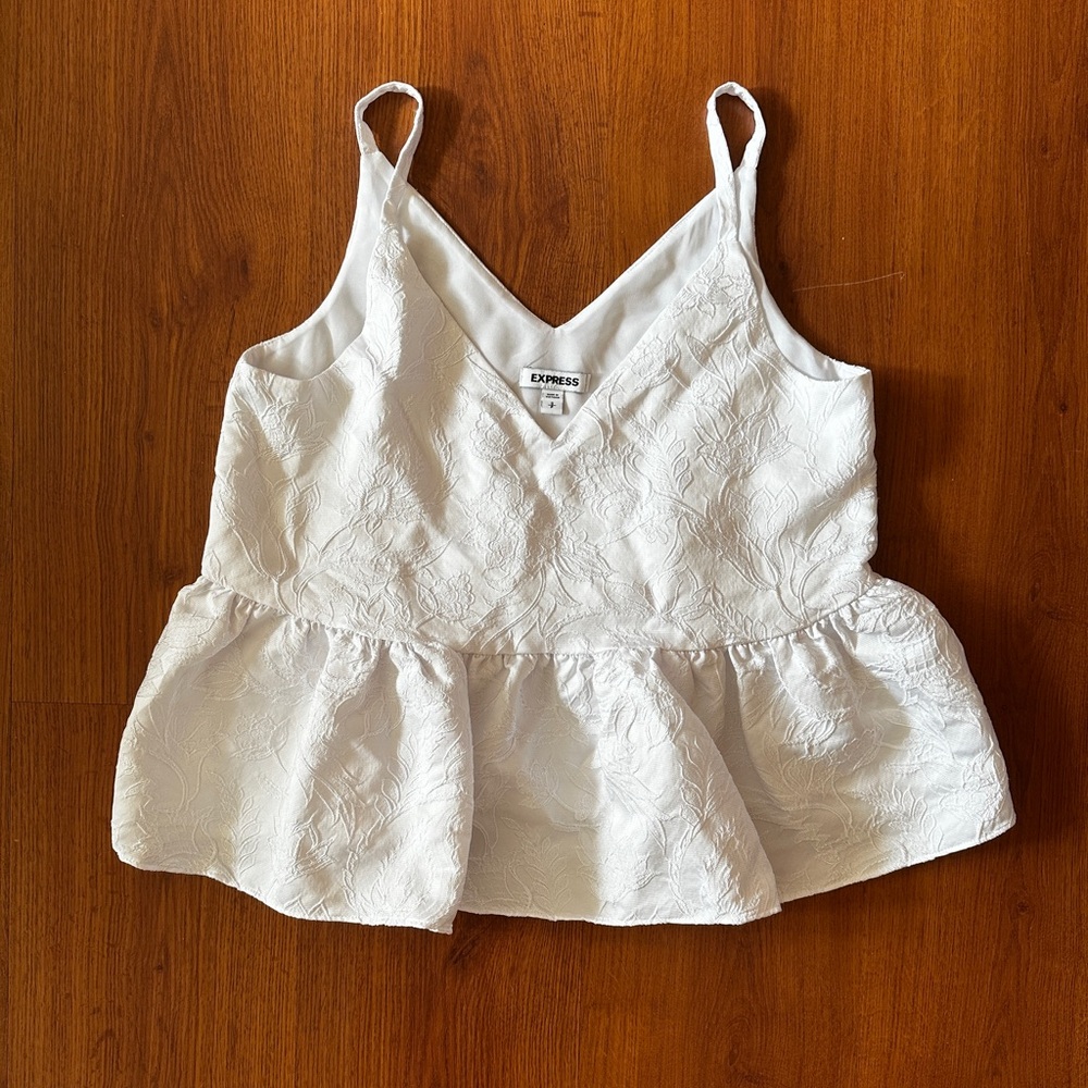 Express White Floral Jacquard Boxy Peplum Tank Top